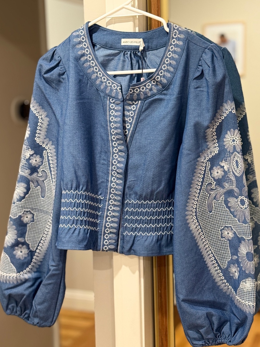 Avec Les Filles Blue Embroidered Jean Jacket with Puff Sleeves